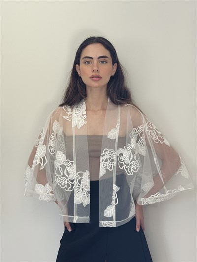 Retrobird Tasarım Transparan Dantel Beyaz Boho Mini Kimono