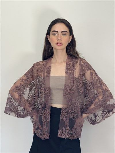Retrobird Tasarım Transparan Dantel Vizon Boho Mini Kimono