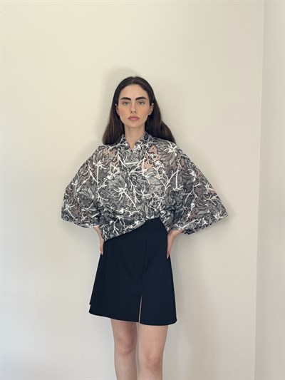 Retrobird Tasarım Transparan Dantel Gri Beyaz Boho Mini Kimono
