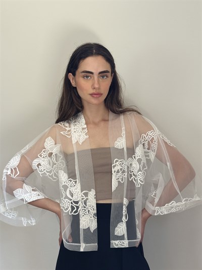 Retrobird Tasarım Transparan Dantel Beyaz Boho Mini Kimono
