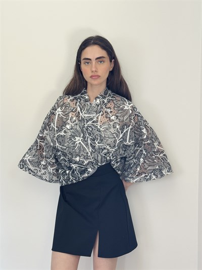Retrobird Tasarım Transparan Dantel Gri Beyaz Boho Mini Kimono
