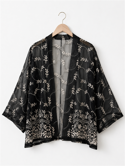 Retrobird Tasarım Transparan Dantel Boho Mini Kimono