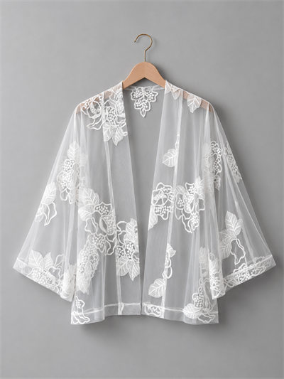 Retrobird Tasarım Transparan Dantel Beyaz Boho Mini Kimono