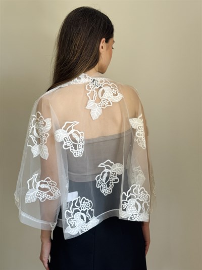 Retrobird Tasarım Transparan Dantel Beyaz Boho Mini Kimono