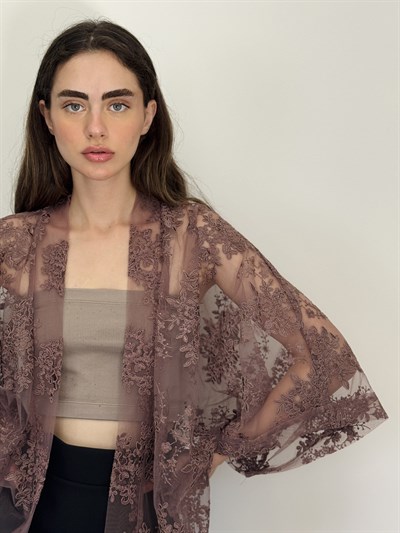 Retrobird Tasarım Transparan Dantel Vizon Boho Mini Kimono