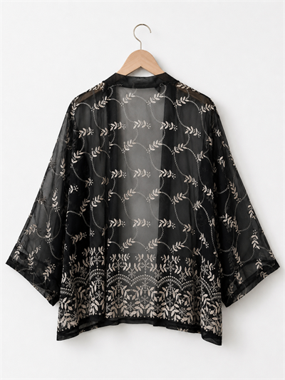Retrobird Tasarım Transparan Dantel Siyah Beyaz Boho Mini Kimono