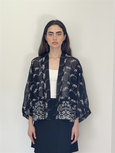 Retrobird Tasarım Transparan Dantel Siyah Beyaz Boho Mini Kimono
