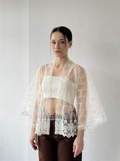 Retrobird Design Tulle White Mini Kimono