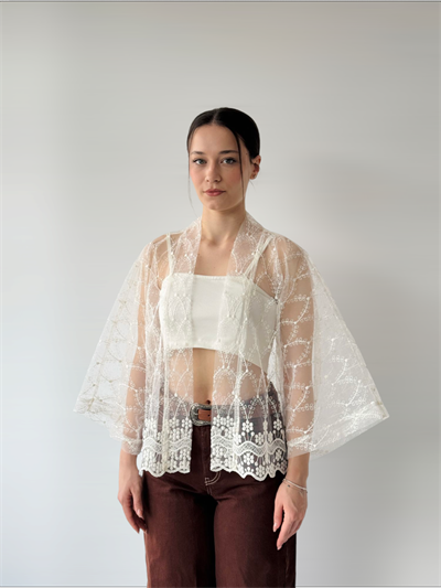Retrobird Design Tulle White Mini Kimono