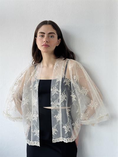 Retrobird Design Tulle Cream Mini Kimono