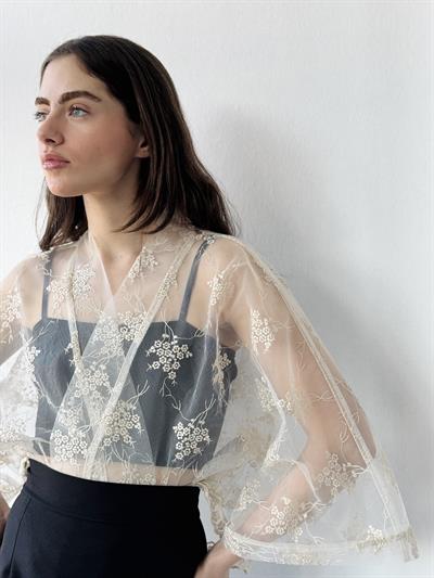 Retrobird Design Tulle Cream Mini Kimono