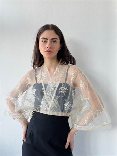 Retrobird Design Tulle Cream Mini Kimono