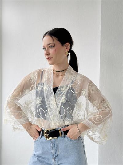 Retrobird Design Tulle Ivory Mini Kimono