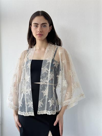 Retrobird Design Tulle Cream Mini Kimono