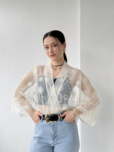 Retrobird Design Tulle Ivory Mini Kimono