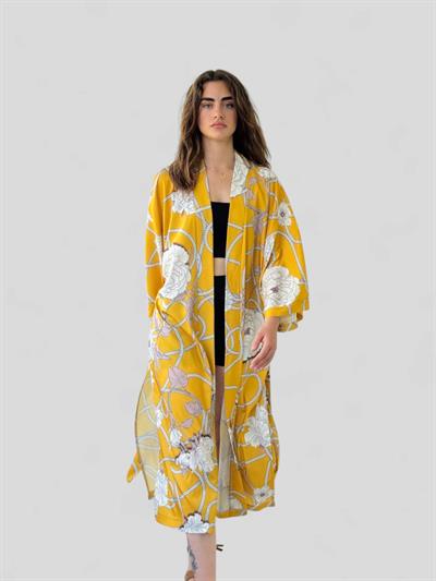 Retrobird Design Patterned Mustard Long Kimono