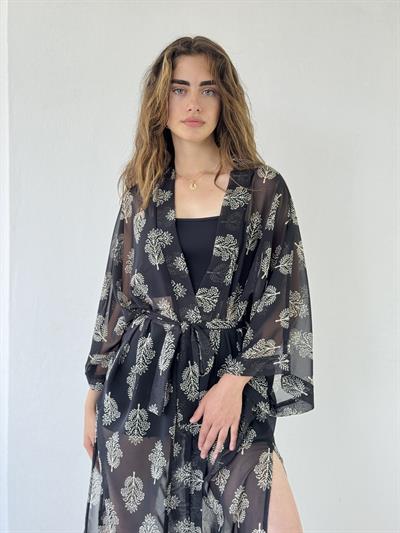 Retrobird Design Floral Patterned Black Long Kimono