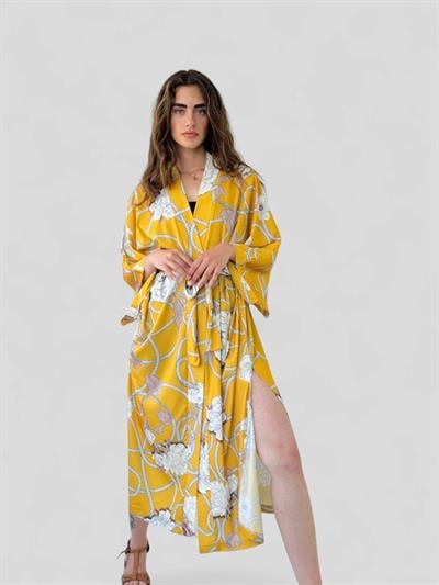 Retrobird Design Patterned Mustard Long Kimono