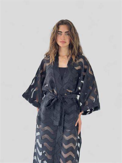 Retrobird Design Striped Black Long Kimono