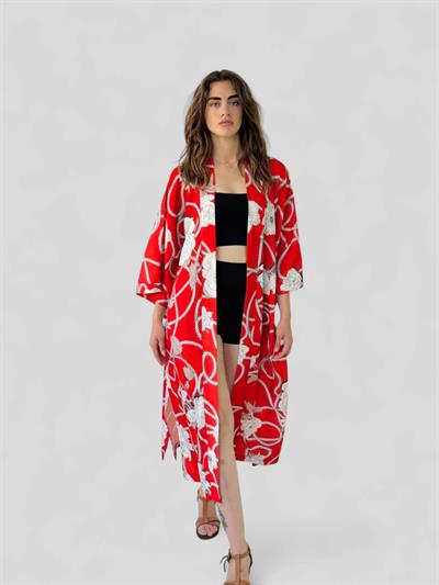 Retrobird Design Patterned Red Long Kimono