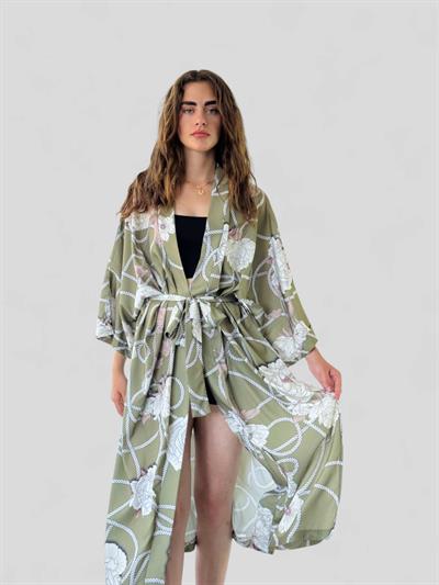 Retrobird Design Patterned Khaki Long Kimono