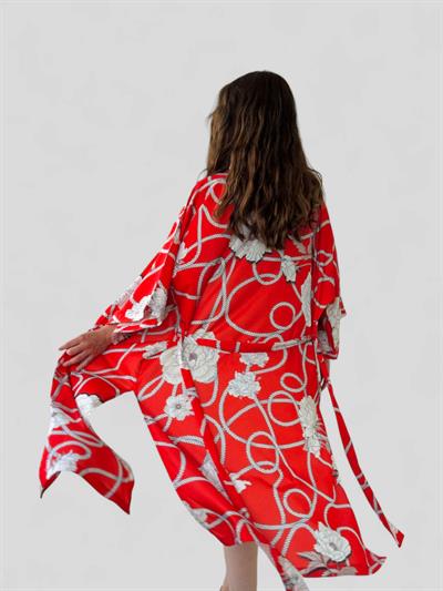 Retrobird Design Patterned Red Long Kimono