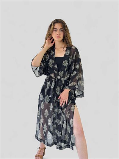 Retrobird Design Floral Patterned Black Long Kimono