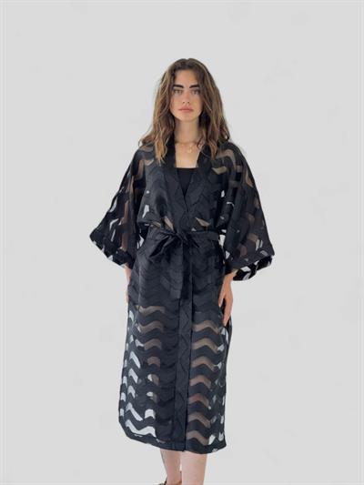 Retrobird Design Striped Black Long Kimono