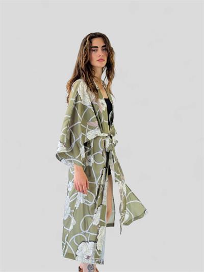 Retrobird Design Patterned Khaki Long Kimono