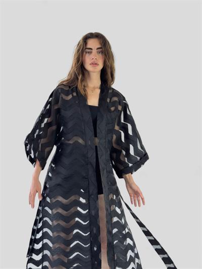 Retrobird Design Striped Black Long Kimono