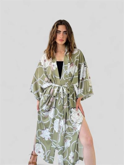 Retrobird Design Patterned Khaki Long Kimono