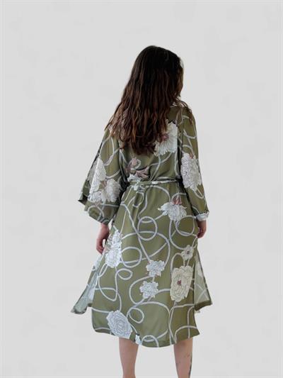Retrobird Design Patterned Khaki Long Kimono