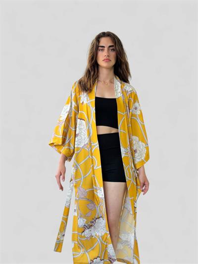 Retrobird Design Patterned Mustard Long Kimono