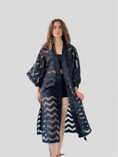 Retrobird Design Striped Black Long Kimono