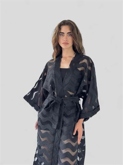 Retrobird Design Striped Black Long Kimono