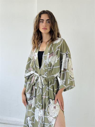Retrobird Design Patterned Khaki Long Kimono