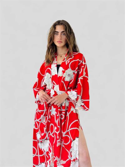 Retrobird Design Patterned Red Long Kimono
