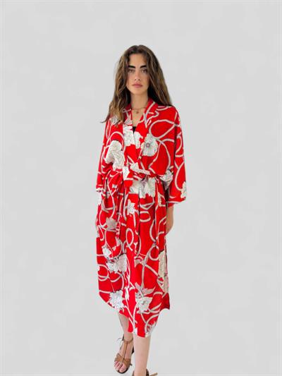 Retrobird Design Patterned Red Long Kimono