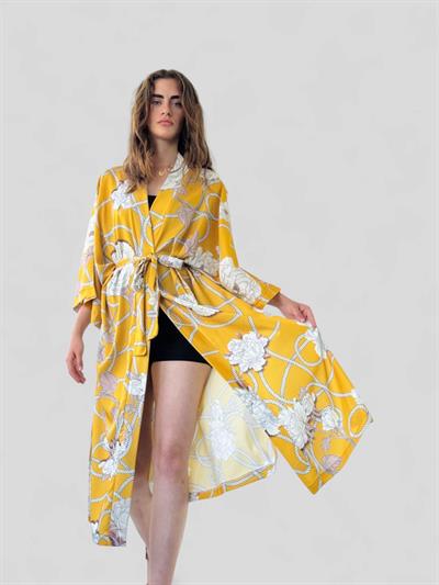 Retrobird Design Patterned Mustard Long Kimono