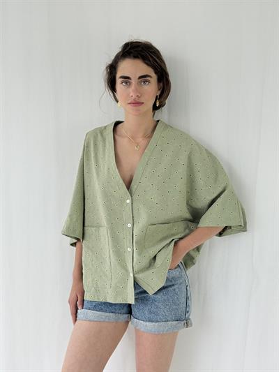 Retrobird Design V-Neck Embroidered Çağla Kimono Shirt