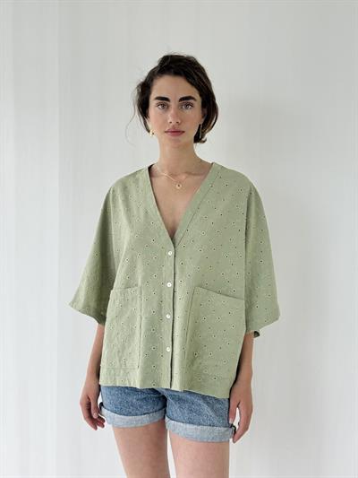 Retrobird Design V-Neck Embroidered Çağla Kimono Shirt