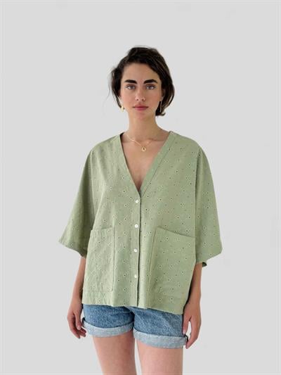 Retrobird Design V-Neck Embroidered Çağla Kimono Shirt