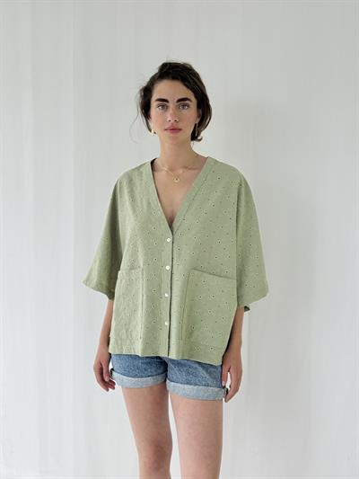 Retrobird Design V-Neck Embroidered Çağla Kimono Shirt