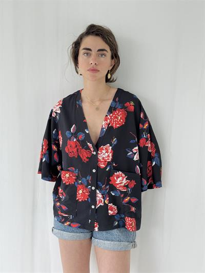 Retrobird Design V-Neck Floral Black Kimono Shirt