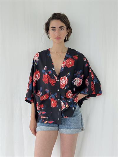 Retrobird Design V-Neck Floral Black Kimono Shirt