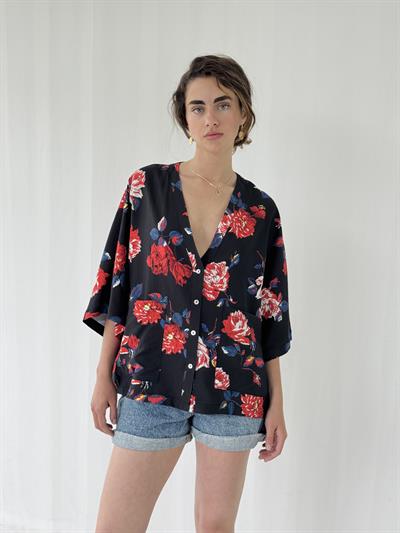 Retrobird Design V-Neck Floral Black Kimono Shirt