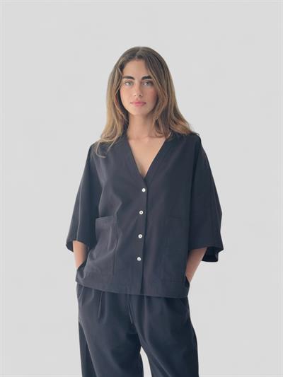 Retrobird Design Black V-Neck Linen Kimono Shirt