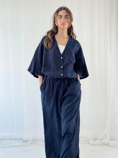 Retrobird Design V-Neck Dark Navy Kimono Shirt