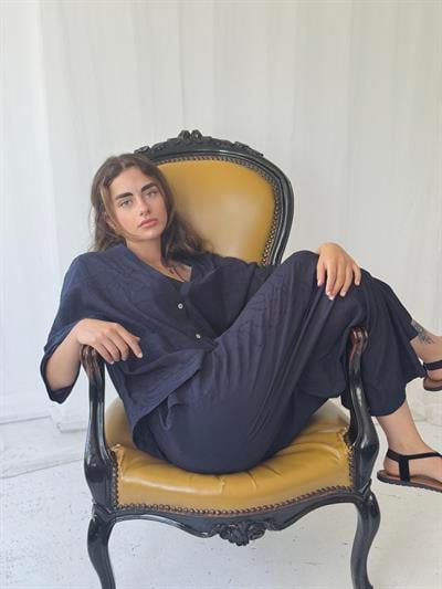 Retrobird Design V-Neck Dark Navy Kimono Shirt