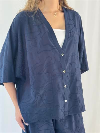Retrobird Design V-Neck Dark Navy Kimono Shirt